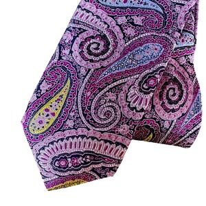 XMI Platinum Mens Silk Linen Paisley Tie Purple Pink Blue Hand Made 59"